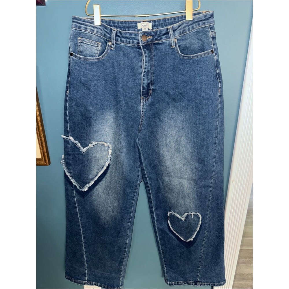 easel Blue Boyfriend Jeans with Frayed Heart Patches